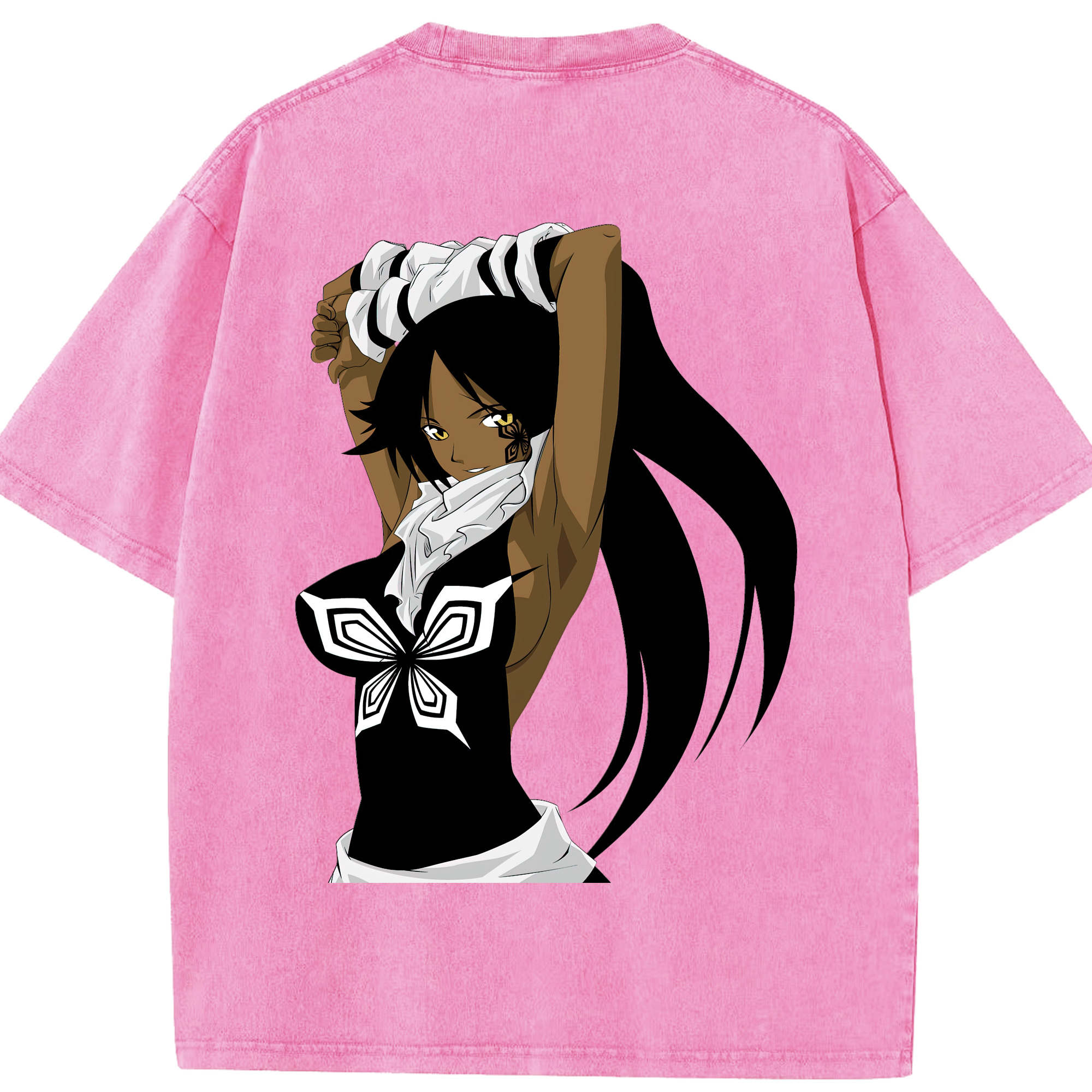 （画像用） ブリーチ 四楓院 夜一（しほういん よるいち） BLEACH Shihouin Yoruichi 綿100% ヴィンテージ風 半袖Tシャツ（背面プリント）